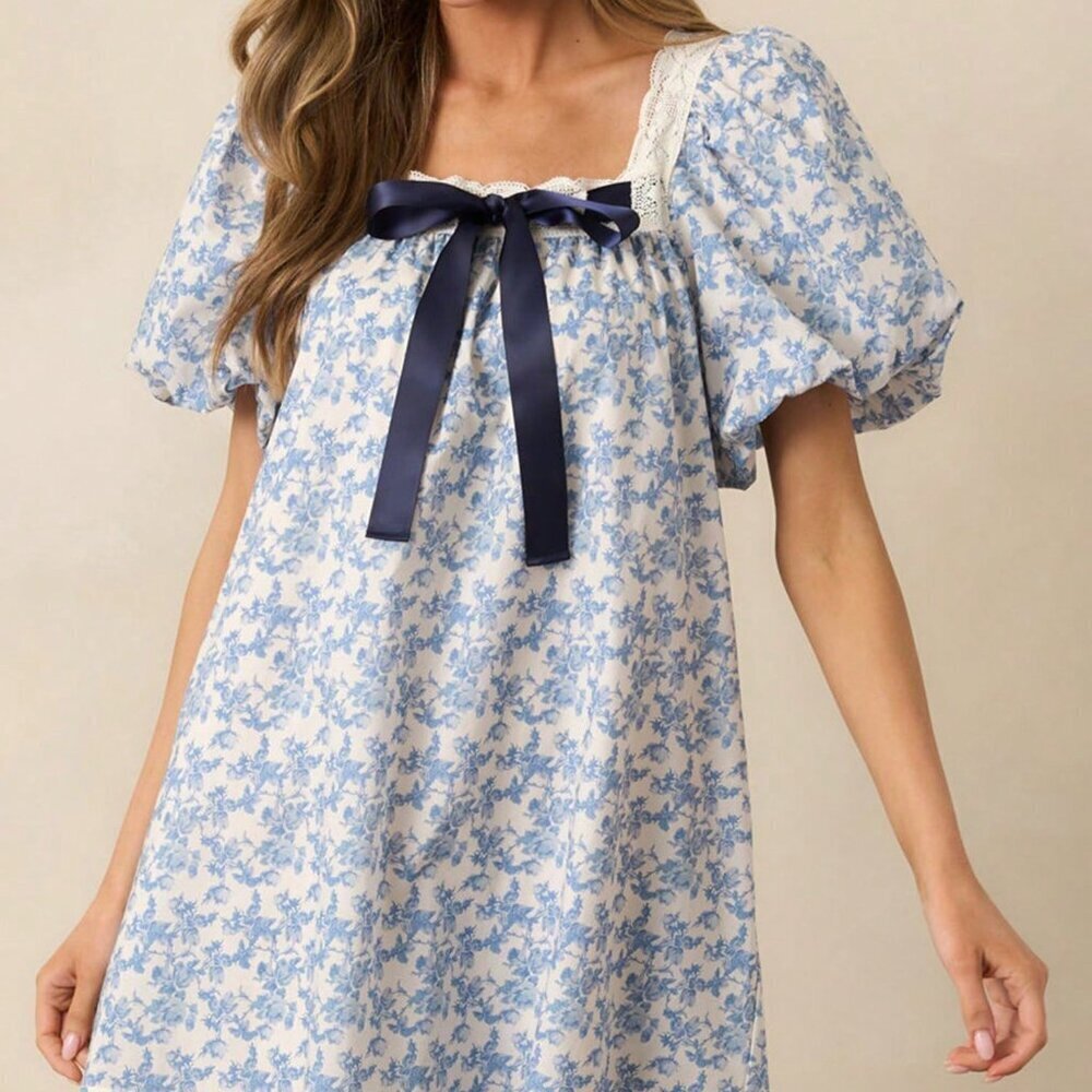 Blue Cute Women's Casual Floral Mini Dress - Picture 3 of 5